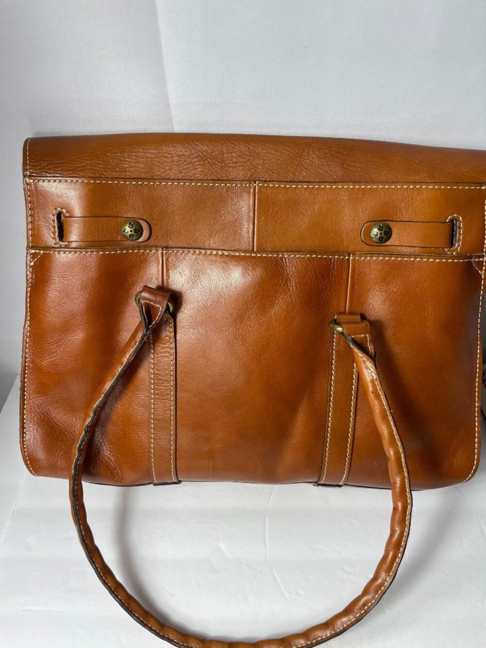 Patricia Nash Satchel Tan Leather Brass Lock Dual Handle Handbag Vintage Style - Picture 2 of 7